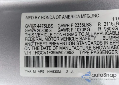 2021 Honda Accord Sport from USA, damaged, VIN 1HGCV1F39MA020853